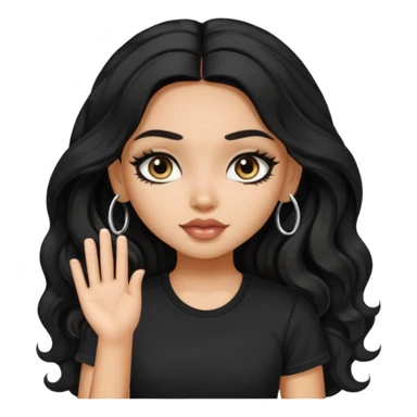 a pretty FAIR indian bratz girl with wavy long black hair, wearing a black tshirt, eyeliner on sticker