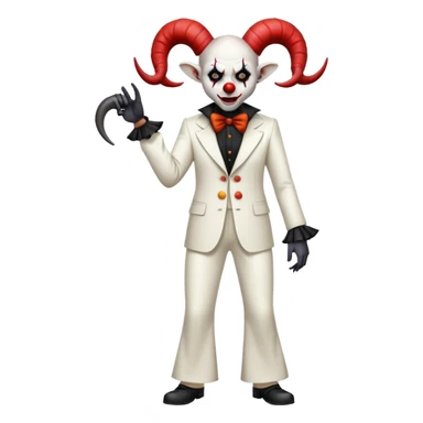 full-body demonic clown in a white leisure suit with bellbottom pants, bald, with black ram horns sticker