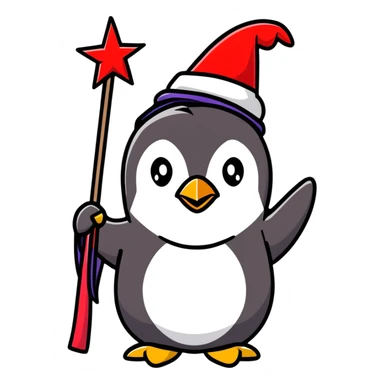 Penguin wizard with Russian beard, star-covered hat, and red magical staff sticker