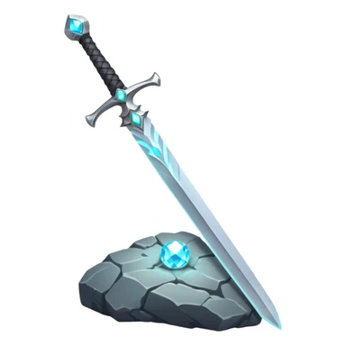 Shining silver sword with jeweled hilt, stuck in a stone, glowing aura.  sticker