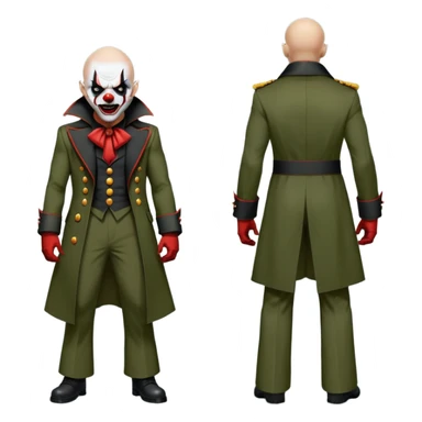 evil clown, bald, small black satan horns on forehead, fangs, pointed ears, eye patch over one eye, long coat over black and military green leisure suit with bellbottom pants, realistically proportioned, less bulky, full body, battle-ready fighting posture sticker