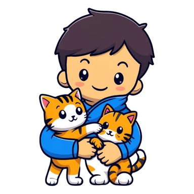 A smiling boy hugging a friendly tabby cat sticker