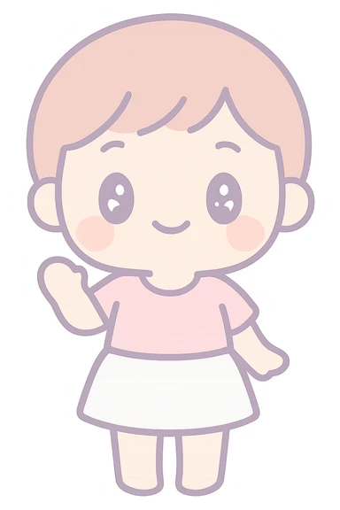 persona con pelo corto, falda blanca y top rosa, estilo kawaii sticker