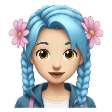 Girl teenager with blue hair and two pigtails. She has blue eyes. She is wearing a white shirt with pink flowers on the shirt , and a blue jacket. sticker