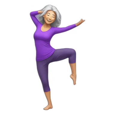 long hair asian senior woman in sexy purple yoga clothes dancing zumba sticker