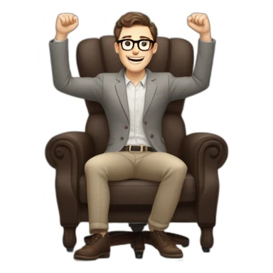 Joyful Celebrating victory Hands up Pale skinned Fit Man With dark brown hair in gray jacket, beige office shirt, Brown pants and vintage glasses sitting In a soft chair sticker