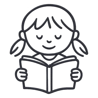 girl reading a book, hand-drawn black outline style, simple and clean lines sticker