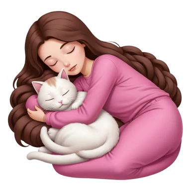 A pretty white girl with very long brown hair and pink clothing sleeping curled up to a white cat  sticker