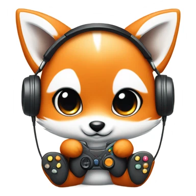 Detailled Baby kawaii fox with headphones on ears and gamepad controller sticker