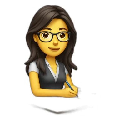 White woman with long dark brown hair using glasses writing sticker