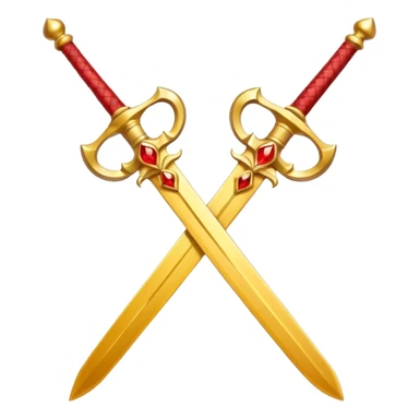 Two crossed swords that are golden in blade and handle and have fiery and royal appearence to them as well as red gem stones yellow in color sticker