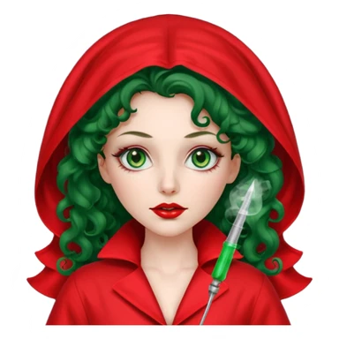 Spanish sexy evil woman. She has green eyes.  had brown long curly hair.  evil surgeon kills with needle wears red sexy doctor coat with red Juliet veil on her mouth and nose to hide and wearing red gloves.  sticker