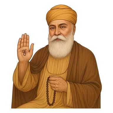 Guru Nanak Dev Ji, blessing with one hand raised, holding prayer beads, peaceful smile, traditional Sikh clothing, dignified and spiritual style sticker