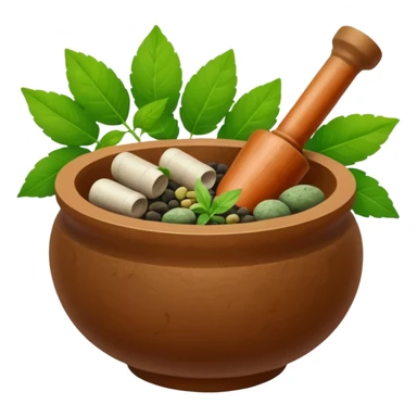 Ayurvedic medicine with mortar and leaves sticker