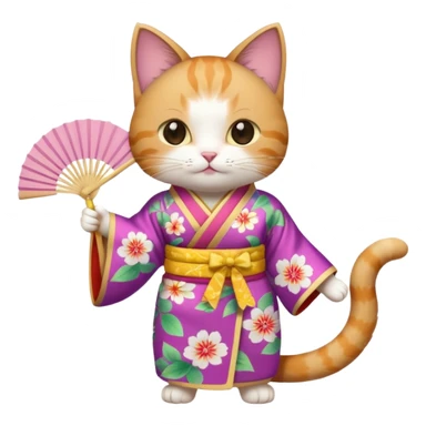 A cat in kimono-style outfit, opening a floral fan with gentle poise. sticker