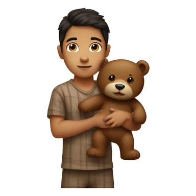 A little boy with dark hair, in brown pajamas with a bear in his hand sticker