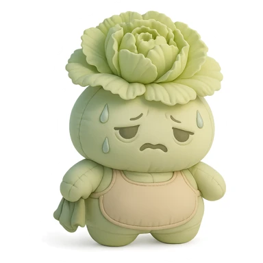 light green carnation flower with a messy apron and exhausted face, sweat dripping, holding a cleaning rag, super round chibi style, cushion style sticker