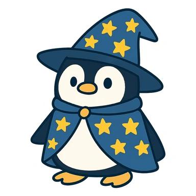 flat toon style penguin wizard with a starry hat and cape sticker
