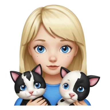 Cute cat black and white stain like a cow in the arms of a blond girl with bangs and blue eyes sticker