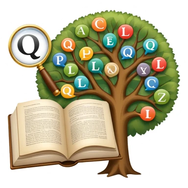 An icon featuring an open book, a speech bubble, and a linguistic tree, symbolizing philology and linguistics. The design includes alphabets, language symbols, and a magnifying glass, representing the study of language, structure, and meaning. Transparent background sticker