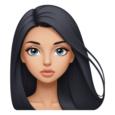 Glamours, tanned, very beautiful girl, with big pump peach-beige-rose lips, long long lashes, black straight smooth silky long hair, straight parting hair, blue-grey eyes sticker