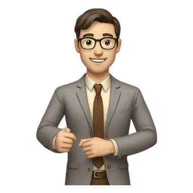 To belt Actively gesturing with hands Pale skinned fit man teacher with dark brown hair in gray jacket, beige office shirt, brown tie, brown pants and vintage glasses. sticker