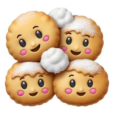 Cinematic Realistic Fritule Dessert Emoji, featuring small, fluffy dough balls dusted with powdered sugar rendered with delicate textures and warm, inviting lighting. sticker