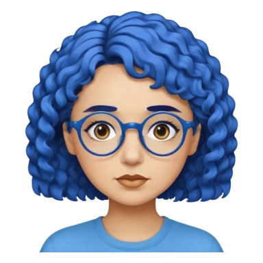 laydy with short, curly blue hair, matching blue eyebrows, light brown skin, round black glasses, and a neutral facial expression. sticker