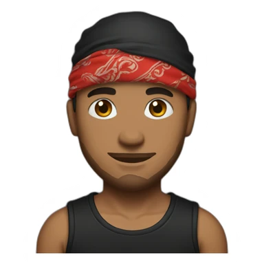 A man with tattoos in a black T-shirt and a red bandana sticker