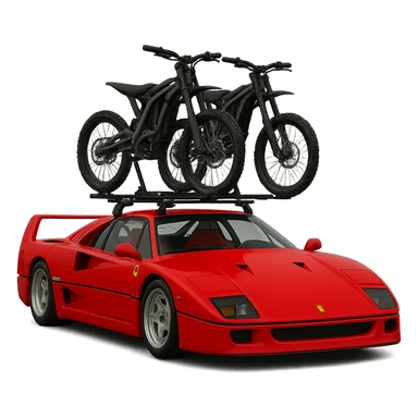 Replace the motorcycle with two Sur-Ron electric bikes mounted on a roof rack on the realistic Ferrari F40. Keep the background transparent. sticker