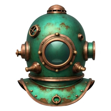 3D render of Antique Diver Helmet, heavily oxidized copper texture, verdigris patina, Bronze helmet with heavy green crust, weathered bronze aesthetic, ancient decay, emoji style, isolated on white background --v 6.0. sticker