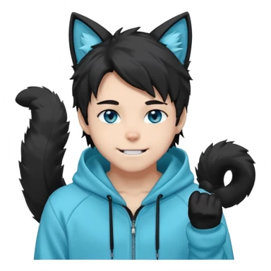 A fluffy anime-style male character with black fur, cat ears, a long fluffy tail, and sharp blue eyes. He wears a light cyan hoodie that says 'Imagine and go with the flow' and matching sweatpants. He has sharp fangs that show when he smiles, giving him a playful but mysterious vibe. sticker