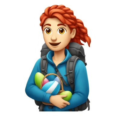 Female winter mountain climber red loose hair climbing with Greek flag on backpack and holding Easter eggs basket sticker