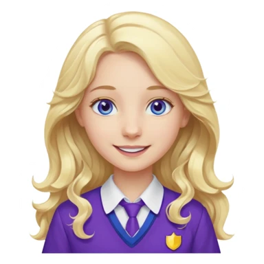 A pale girl with blue eyes and long and blonde , wavy hair , smiling wearing a purple school uniform  sticker