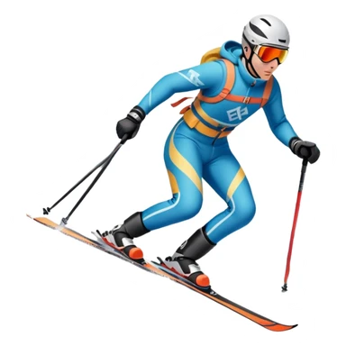 An icon featuring a skier racing down a snow-covered slope, surrounded by snowy peaks and pine trees. The design includes ski poles, bright winter gear, and dynamic motion lines, capturing the thrill and speed of alpine skiing. Transparent background sticker