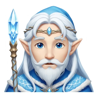 Legendary fantasy Christmas elf portrait icon, Santa Claus and Snow Maiden inspired, ancient winter spirit style, long flowing white-blue hair, glowing frost eyes, crystal staff, elegant elven features, divine winter magic aura, icy silver color palette, highly detailed but clean emoji icon male sticker