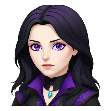 Yennefer from Witcher with long black hair, violet eyes, pale skin, wearing black clothes sticker