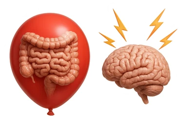 intestino umano anatomico chiuso in un palloncino rosso che simboleggia gonfiore, accanto un cervello anatomico con fulmini vicino che simboleggiano "stress", iperrealistico 4k sticker