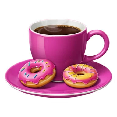 A steaming cup of coffee, magenta with a yellow butterfly print, sits on a magenta saucer with colorful donuts. sticker