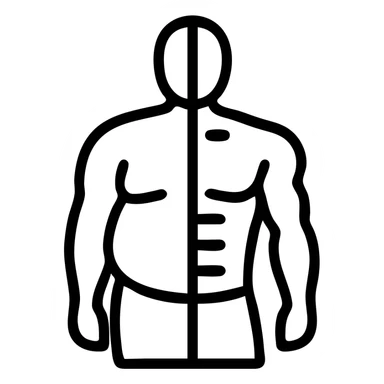 single icon with vertical split: left side bulky soft body, right side lean muscular defined body, clear difference in muscle definition and body shape sticker