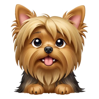 Cinematic Cute Yawning Yorkshire Terrier Portrait Emoji, Head tilted with a playful, drowsy expression and droopy, adorable eyes, featuring a soft, well-groomed fur in rich hues, simplified yet irresistibly endearing, highly detailed, glowing with a warm, cozy radiance, high shine, exuding a relaxed yet spunky charm, styled with a gentle, soft glowing outline, capturing the essence of a Yorkshire Terrier mid-yawn that seems as if it could cuddle right off the screen! sticker