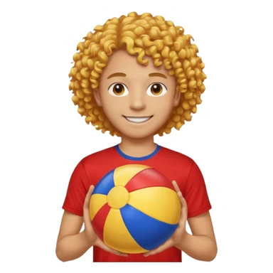 una persona de 18 años marron clarito con el pelo amrillo rizado con una camiseta roja y azul con un logo circular dorado y levantando un balon de playa sticker