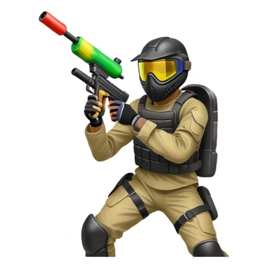 A dynamic scene of a player in action, holding a paintball gun and wearing protective gear. The background shows a vibrant paintball field with obstacles, colorful splatters of paint in the air, and an intense, competitive atmosphere. sticker