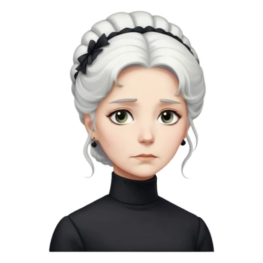 A Victorian woman with elegant coiffed white hair and light eyes wearing a modest unadorned monochrome black turtleneck mourning dress looking down with a forlorn expression sticker