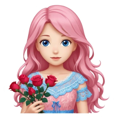 pastel anime woman with pink and white lace dress full body and long hair with roses and blue eyes sticker