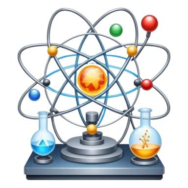 An icon featuring a large particle collider, atom symbols, and energy waves, symbolizing the field of physics. The design includes a lab setup with scientific equipment, representing experiments and fundamental forces of nature. Transparent background highlights the exploration of matter and energy. sticker