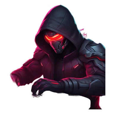 developer behind his laptop with this style : crysis Cyberpunk Riot Games Valorant neon glowing bright red character red dark black hooded assassin themed character sticker