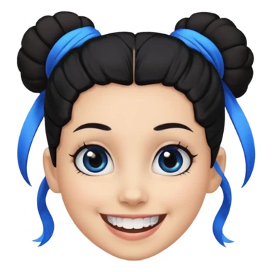 Now tied up her hair in a bun, the on her head is black, but blue bang on front. Bigger eyes and brighter smile, show teeth while smiling sticker