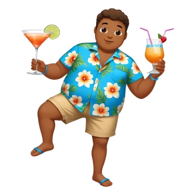 chubby guy full figure in a flowered azure havai shirt, brown shorts and flippers holding a cocktail sticker