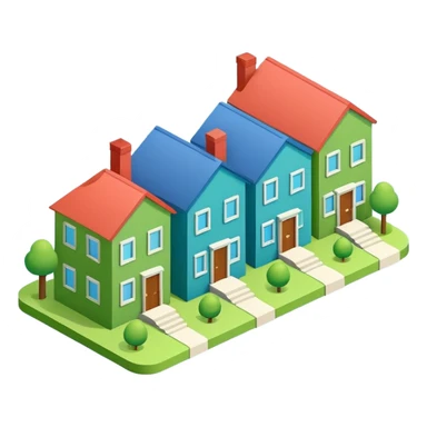 group of 3 houses representing neighborhood isometric houses on transparent background similar in style to the iphone icons houses should be colored in blue and green details sticker